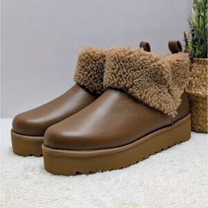 UGG Chestnut Ultra Mini Alina Curled Genuine Shearling Platform Boots W10 *NEW*